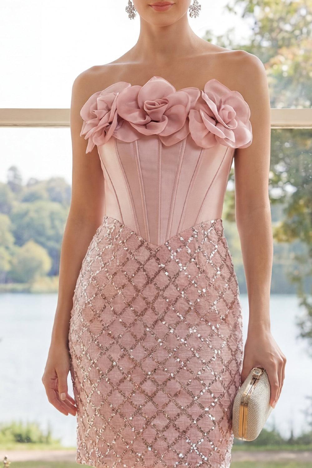 Sparkly Blush Strapless Sequin Corset Short Homecoming Dress with 3D Flowers