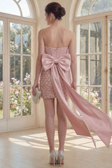 Sparkly Blush Strapless Sequin Corset Tight Short Homecoming Dress with Bow