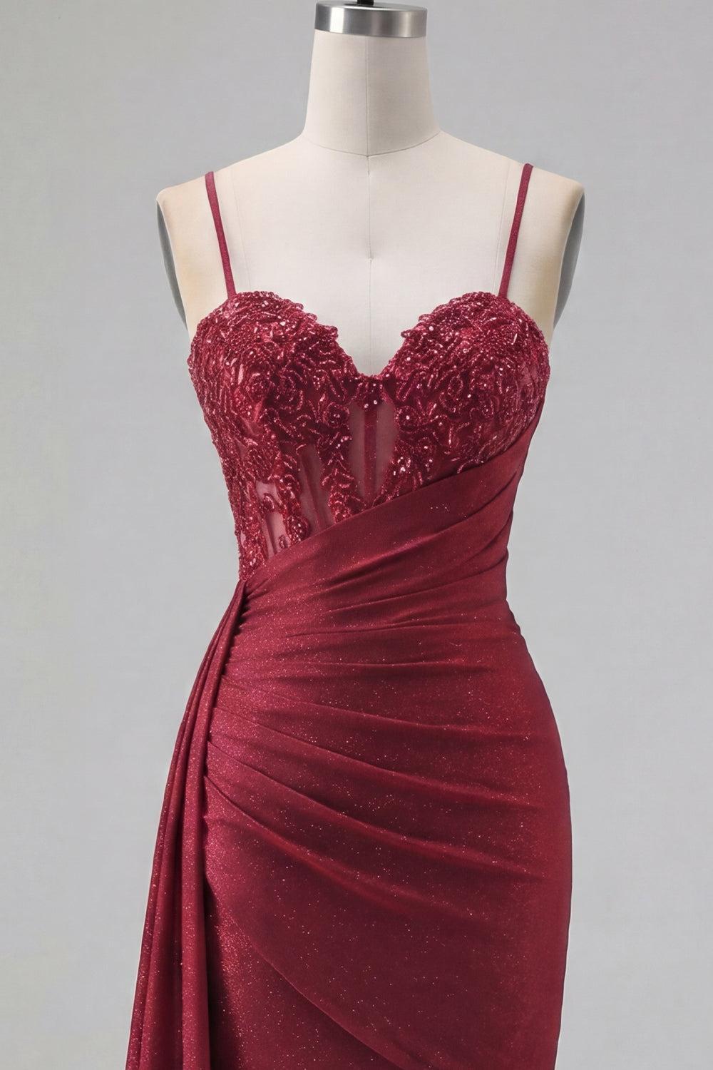 Sparkly Burgundy Beaded Ruched Tight Short Homecoming Dress with Side Cape