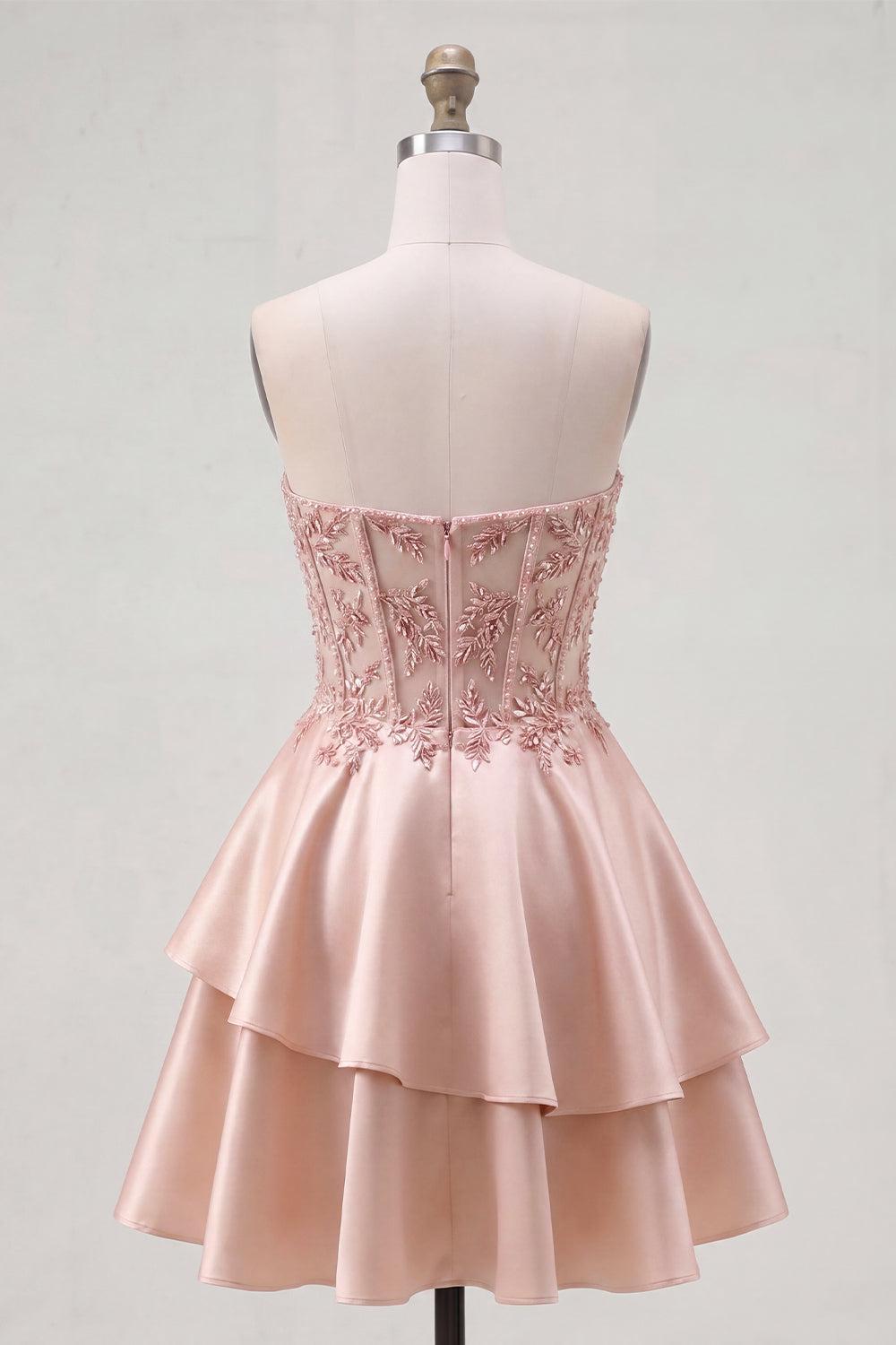 Sparkly Champagne Beaded A-Line Corset Short Homecoming Dress with Ruffles