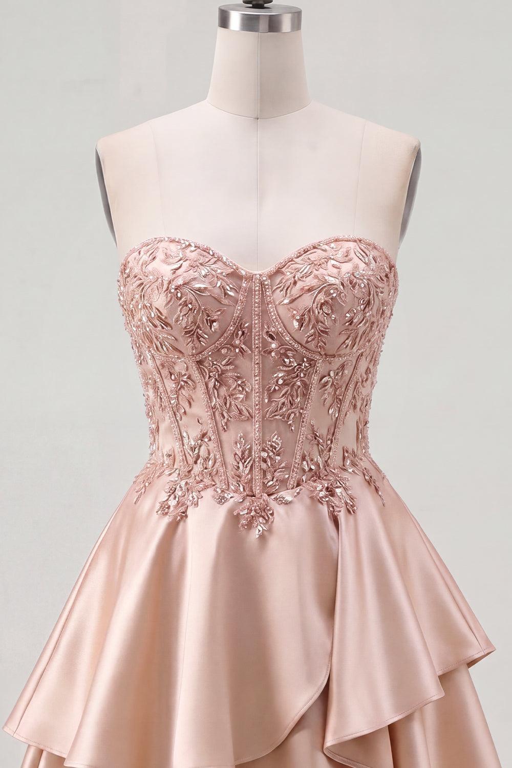 Sparkly Champagne Beaded A-Line Corset Short Homecoming Dress with Ruffles