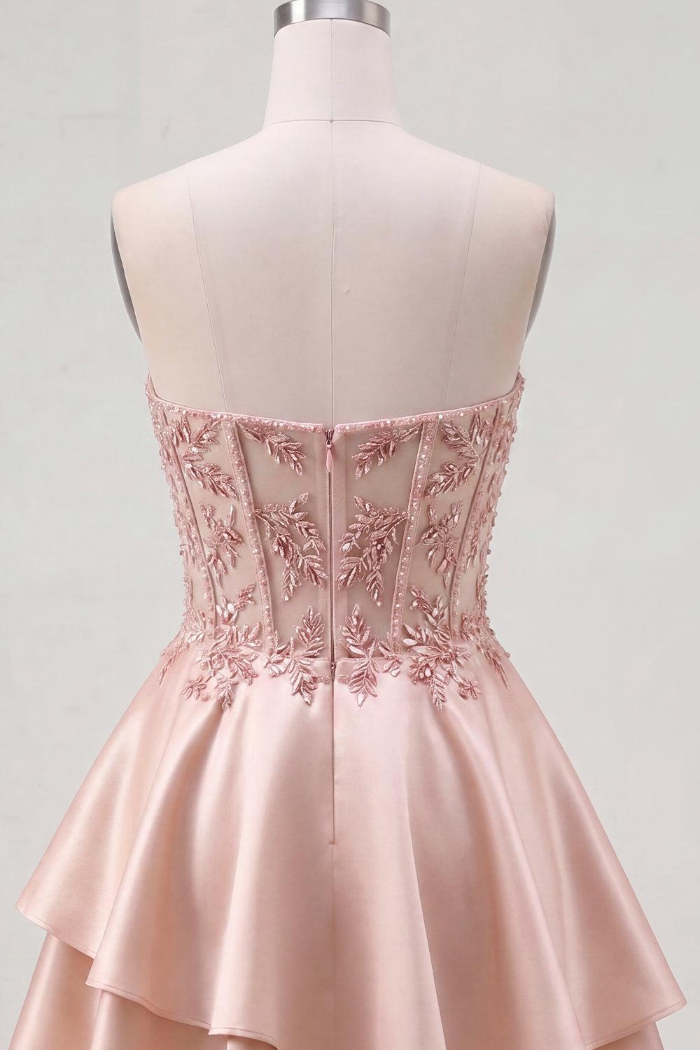 Sparkly Champagne Beaded A-Line Corset Short Homecoming Dress with Ruffles