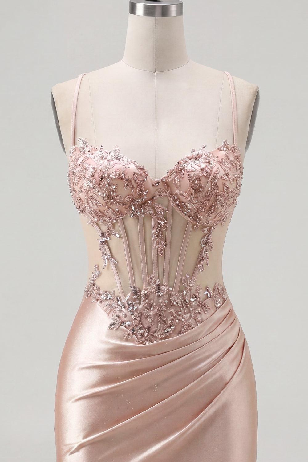 Sparkly Champagne Beaded Ruched Corset Tight Short Homecoming Dress