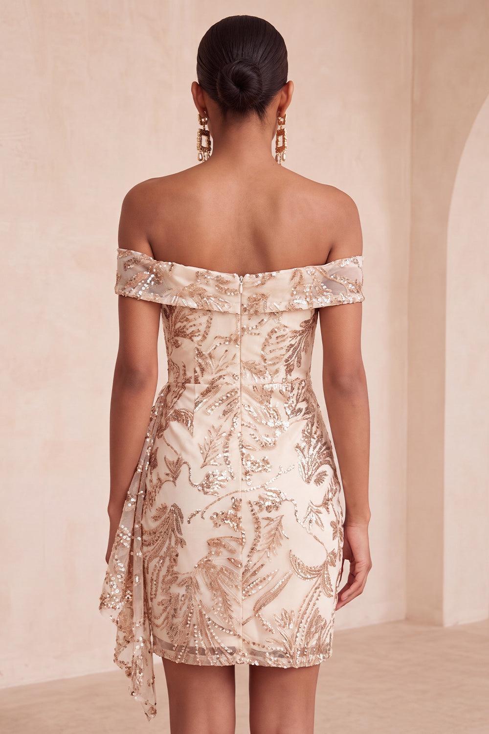 Sparkly Champagne Floral Sequins Tight Short Homecoming Dress
