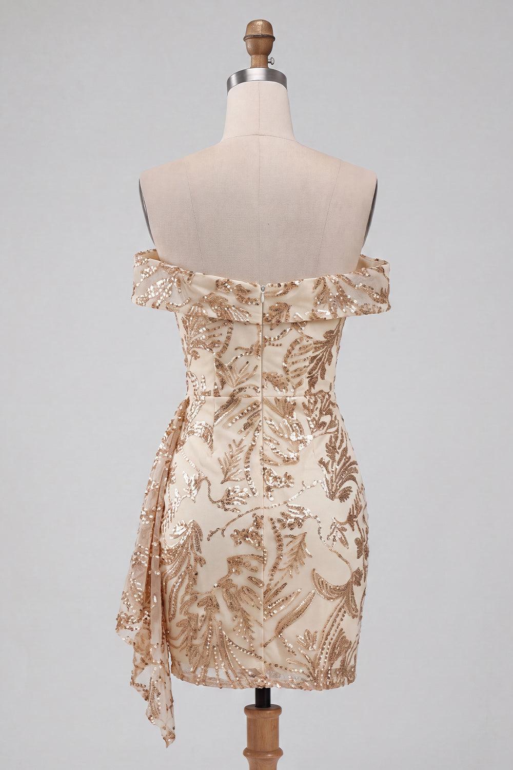 Sparkly Champagne Floral Sequins Tight Short Homecoming Dress