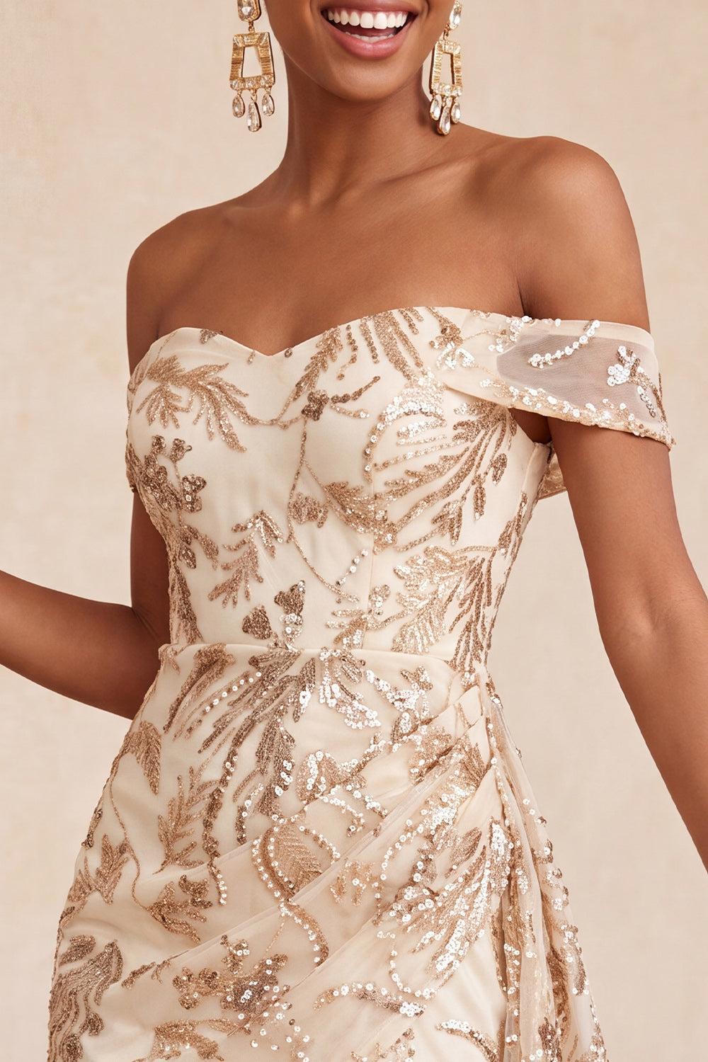 Sparkly Champagne Floral Sequins Tight Short Homecoming Dress