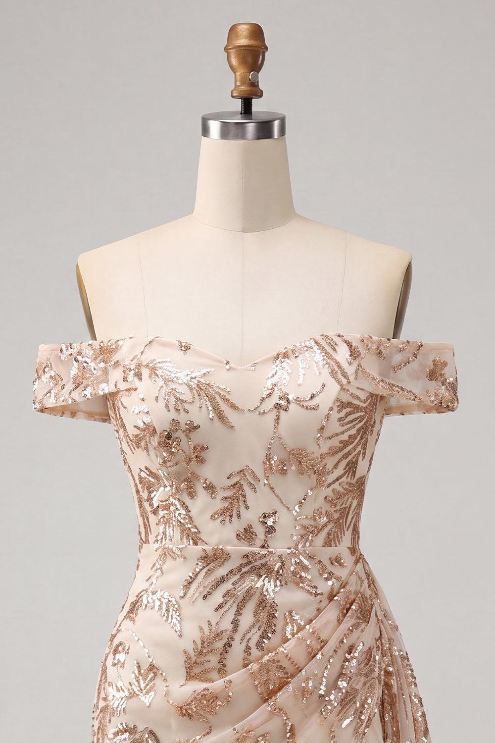 Sparkly Champagne Floral Sequins Tight Short Homecoming Dress