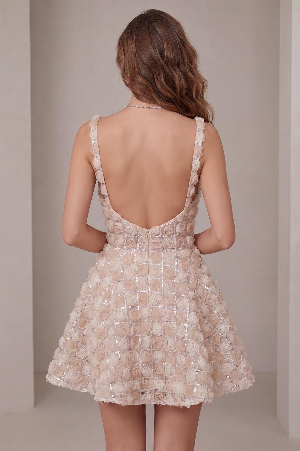 Sparkly Champagne Sequin A-Line Short Homecoming Dress with 3D Flowers