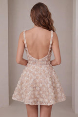 Sparkly Champagne Sequin A-Line Short Homecoming Dress with 3D Flowers