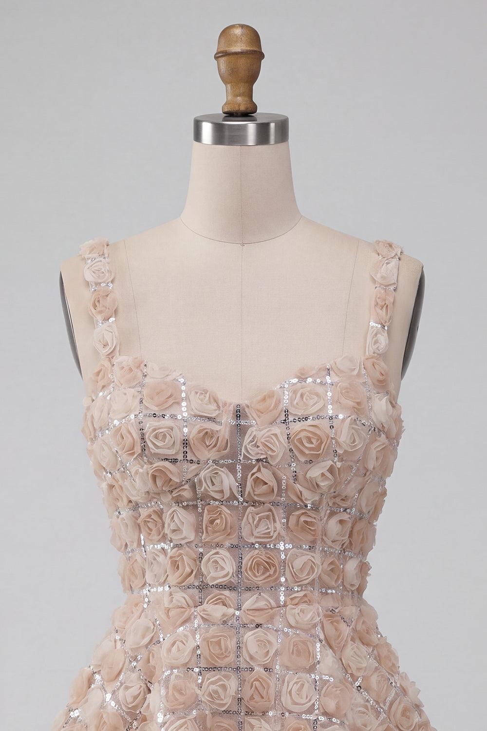 Sparkly Champagne Sequin A-Line Short Homecoming Dress with 3D Flowers