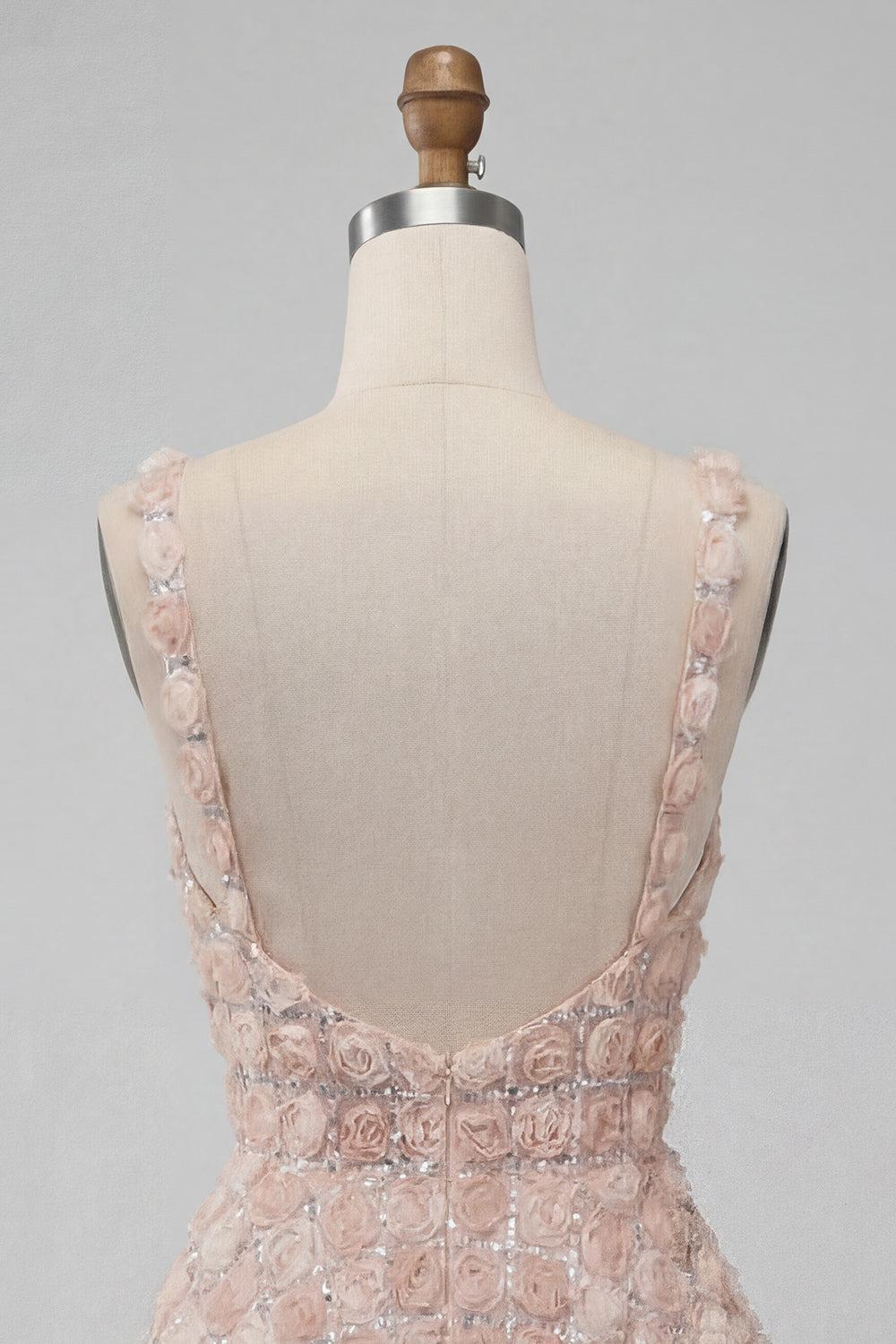 Sparkly Champagne Sequin A-Line Short Homecoming Dress with 3D Flowers