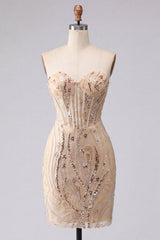Sparkly Champagne Sequin Tight Short Corset Homecoming Dress