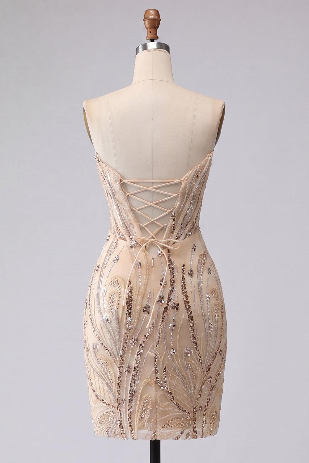 Sparkly Champagne Sequin Tight Short Corset Homecoming Dress