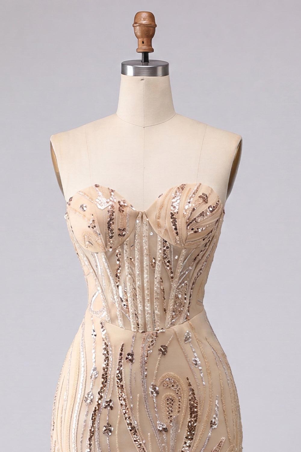 Sparkly Champagne Sequin Tight Short Corset Homecoming Dress
