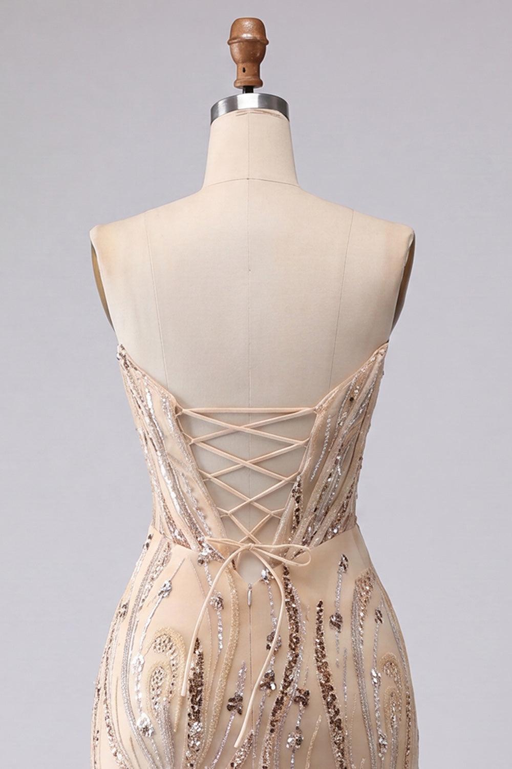 Sparkly Champagne Sequin Tight Short Corset Homecoming Dress