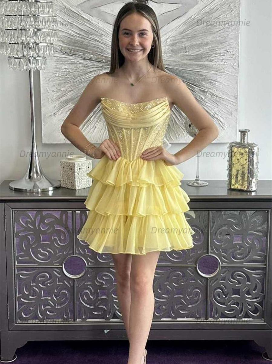 Sparkly Corset A Line Short Beaded Homecoming Dress with Ruffles