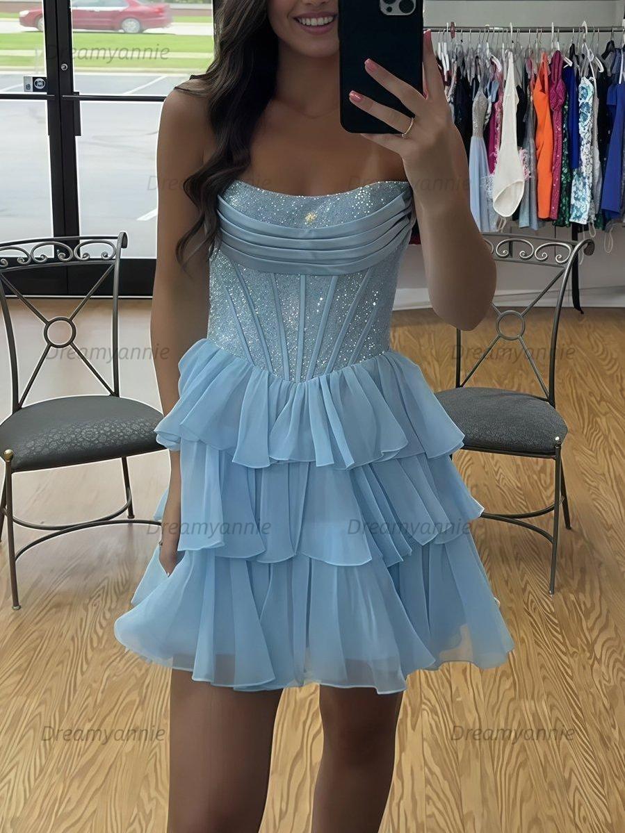 Sparkly Corset A Line Short Beaded Homecoming Dress with Ruffles