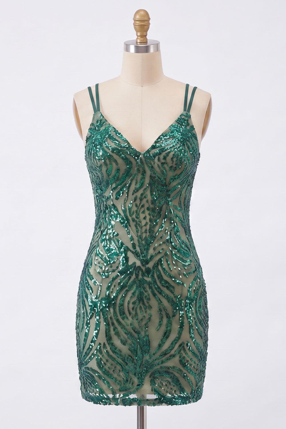 Sparkly Dark Green Sequin Tight Short V-Neck Homecoming Dress