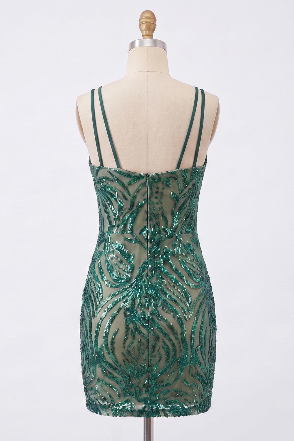 Sparkly Dark Green Sequin Tight Short V-Neck Homecoming Dress