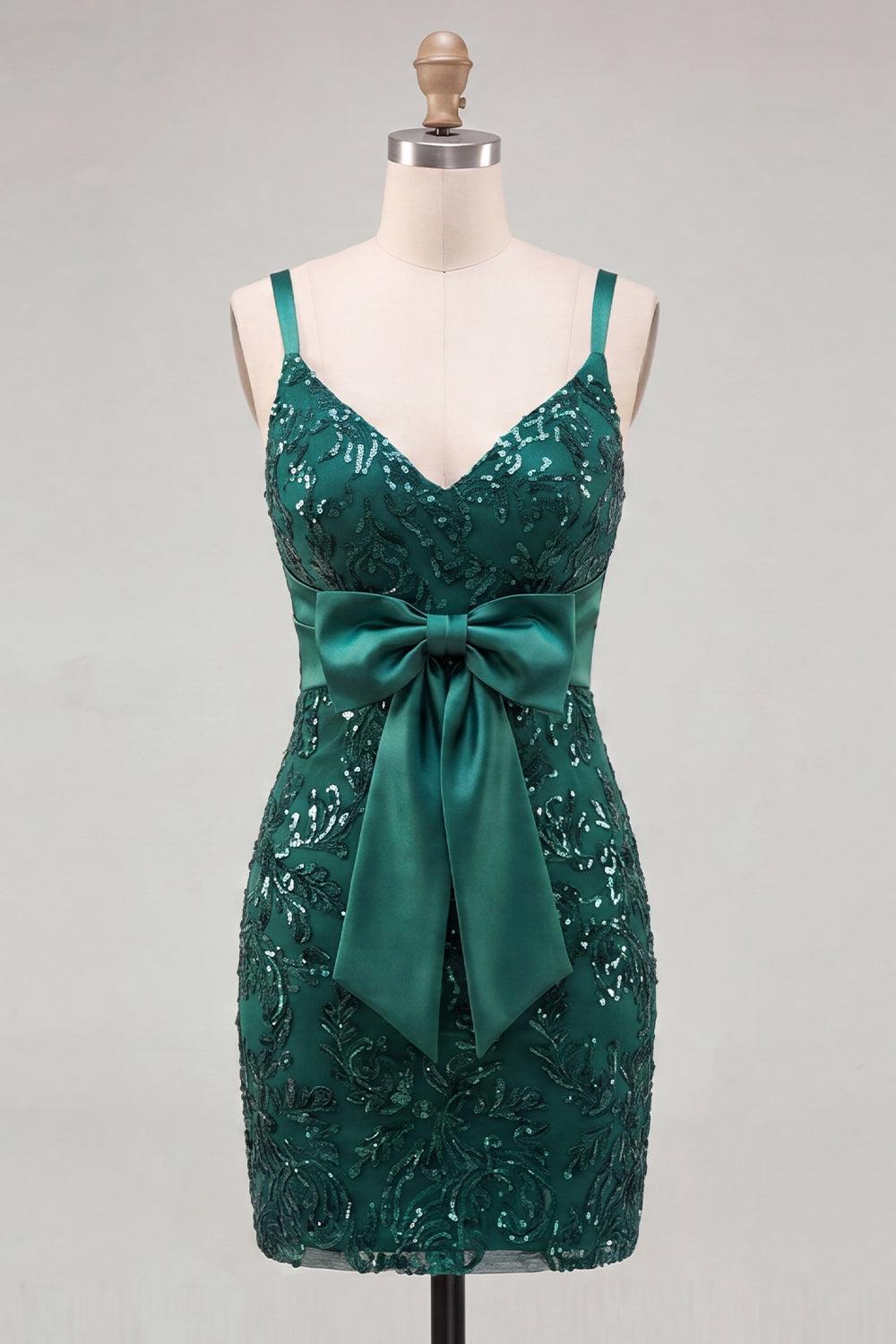 Sparkly Dark Green Tight Sequin Short Homecoming Dress with Bow