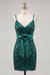 Sparkly Dark Green Tight Sequin Short Homecoming Dress with Bow