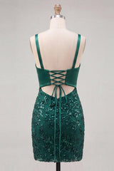 Sparkly Dark Green Tight Sequin Short Homecoming Dress with Bow