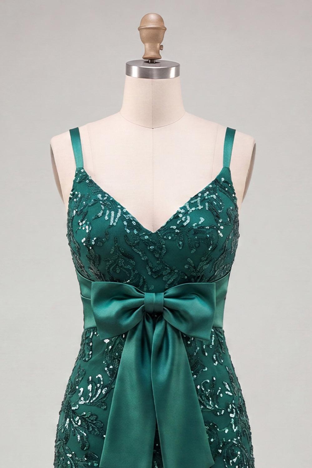 Sparkly Dark Green Tight Sequin Short Homecoming Dress with Bow