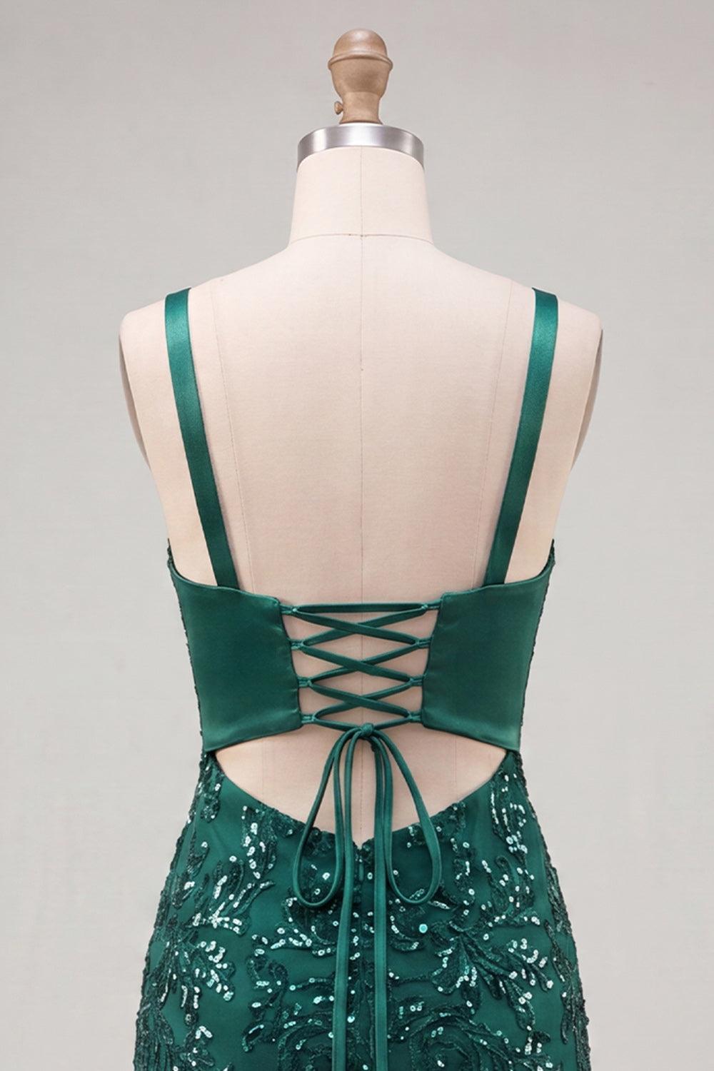 Sparkly Dark Green Tight Sequin Short Homecoming Dress with Bow