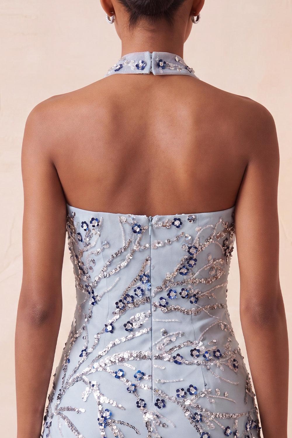 Sparkly Dusty Blue Floral Fringed Sequins Tight Short Homecoming Dress