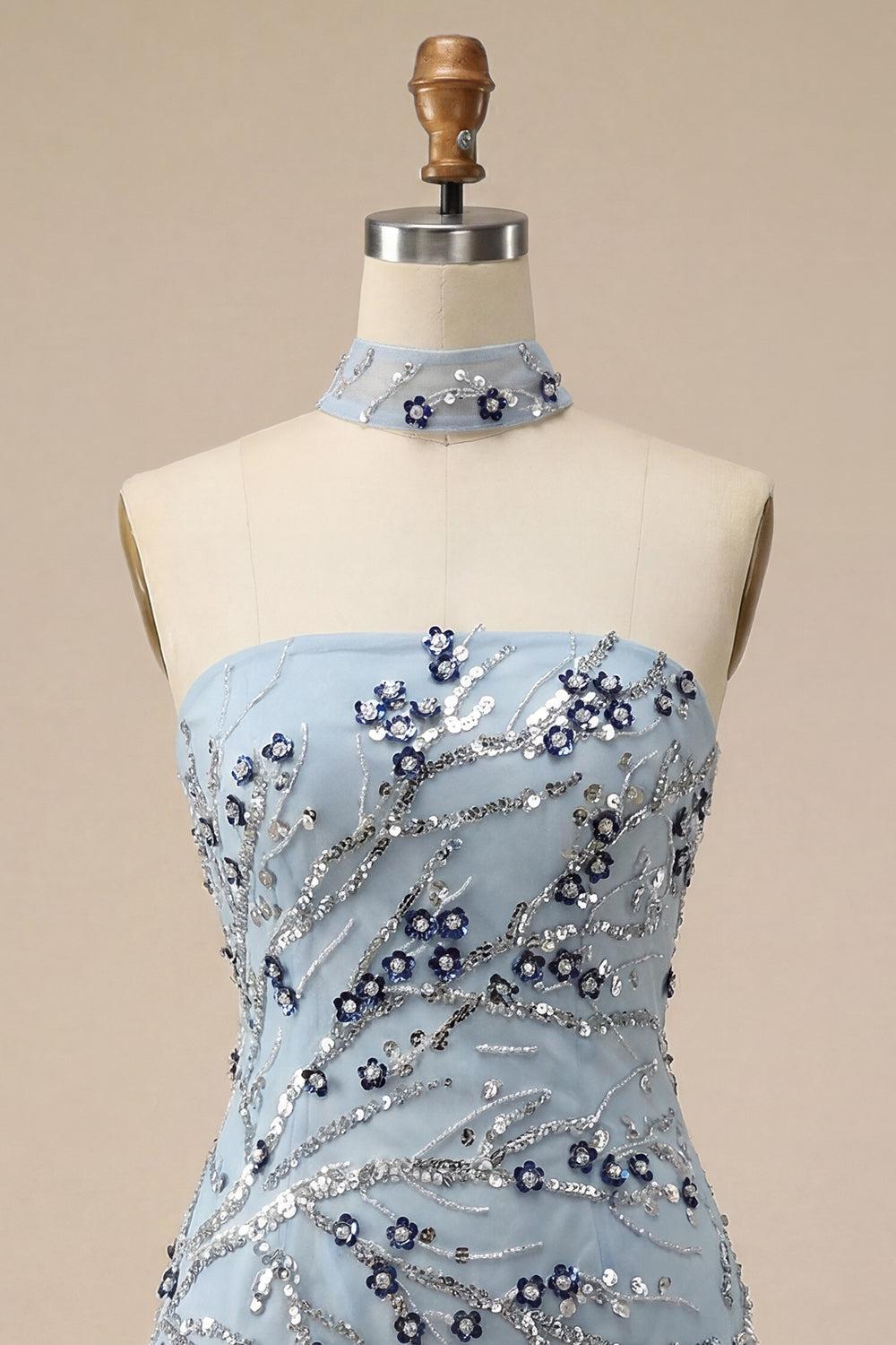 Sparkly Dusty Blue Floral Fringed Sequins Tight Short Homecoming Dress