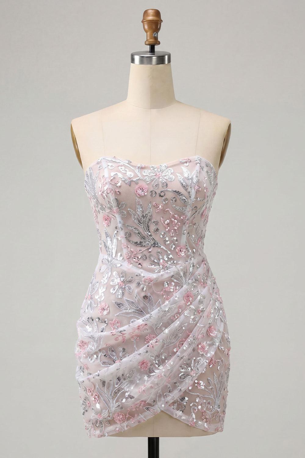 Sparkly Floral Blush Corset Tight Ruched Sequins Short Homecoming Dress