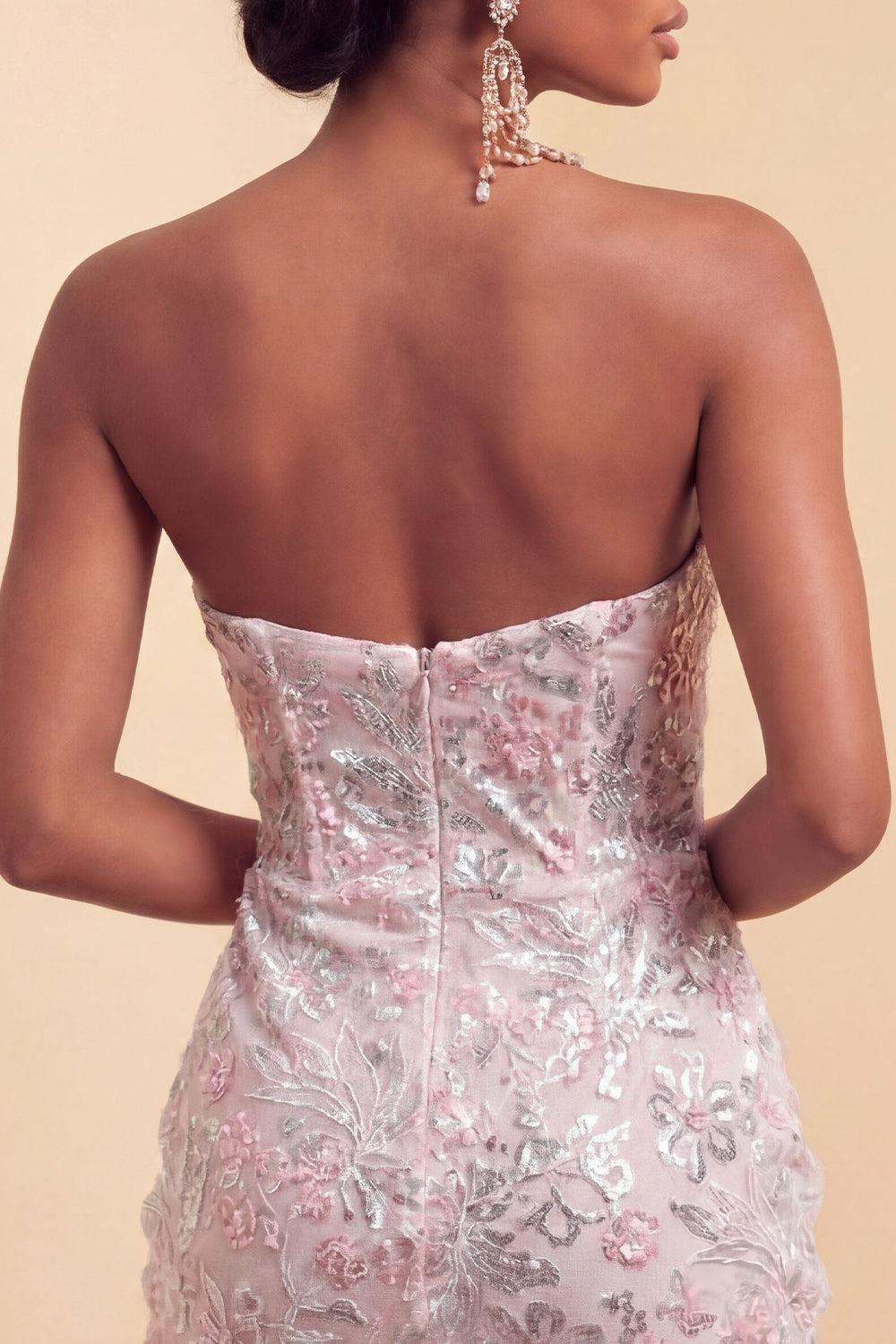 Sparkly Floral Blush Corset Tight Ruched Sequins Short Homecoming Dress