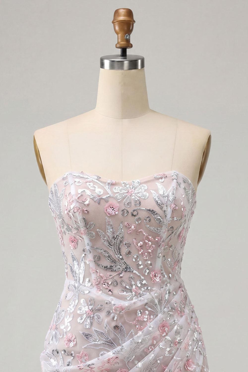 Sparkly Floral Blush Corset Tight Ruched Sequins Short Homecoming Dress
