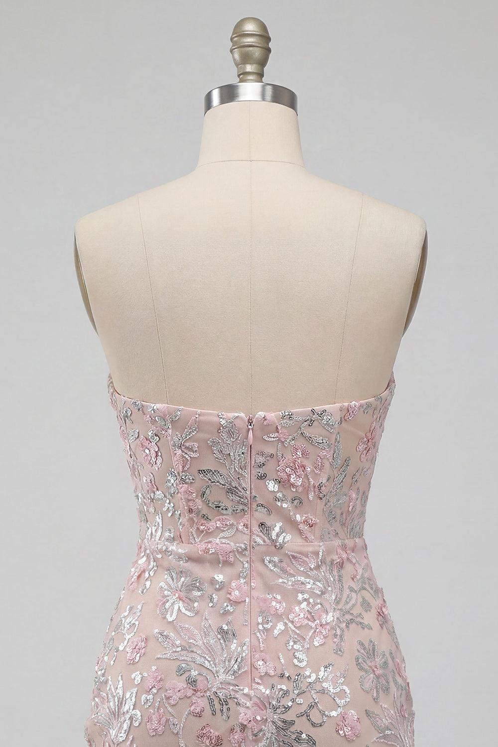 Sparkly Floral Blush Corset Tight Ruched Sequins Short Homecoming Dress
