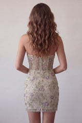 Sparkly Floral Dusty Sage Beaded Tight Short Corset Homecoming Dress