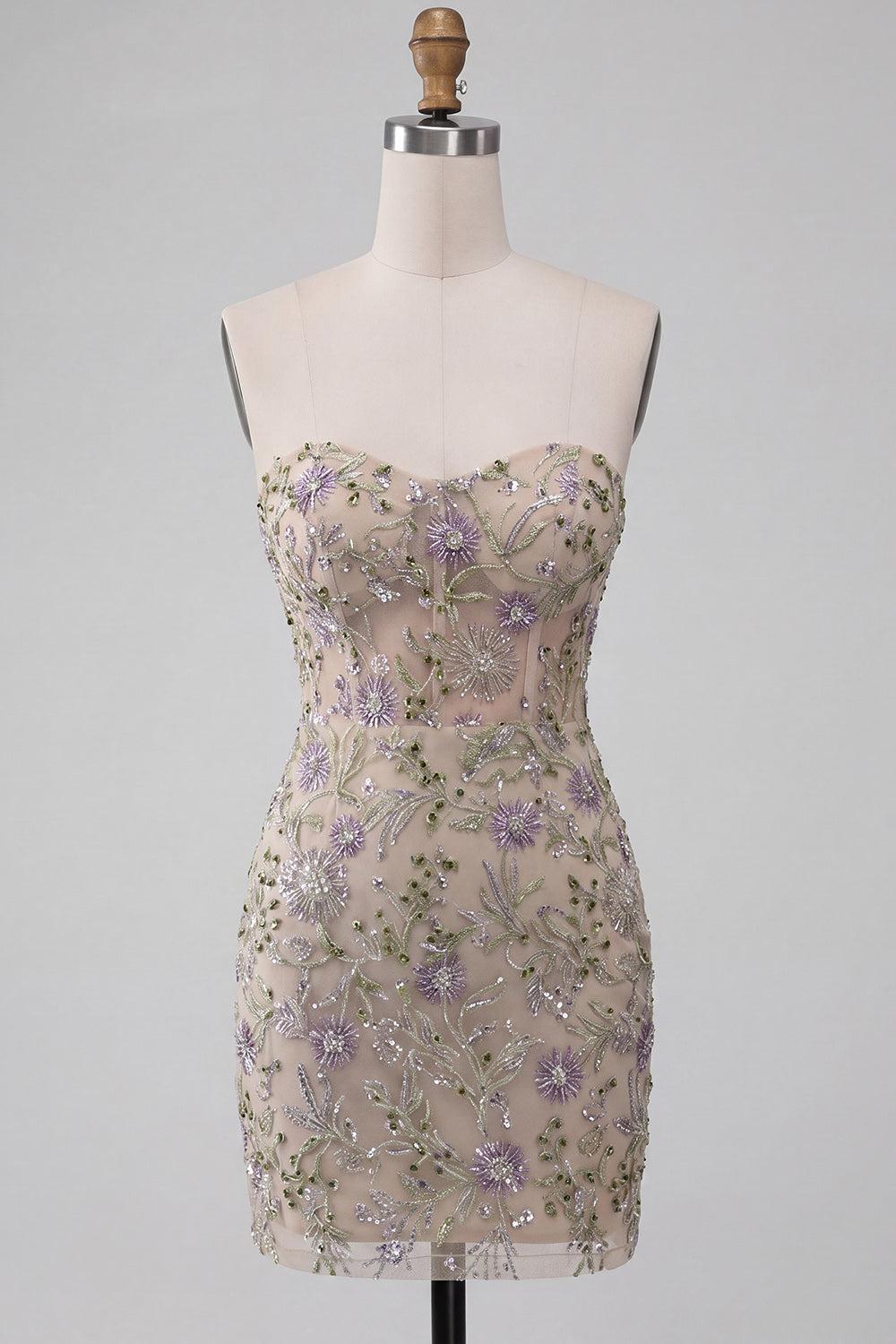 Sparkly Floral Dusty Sage Beaded Tight Short Corset Homecoming Dress