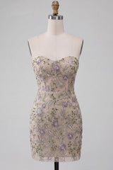 Sparkly Floral Dusty Sage Beaded Tight Short Corset Homecoming Dress