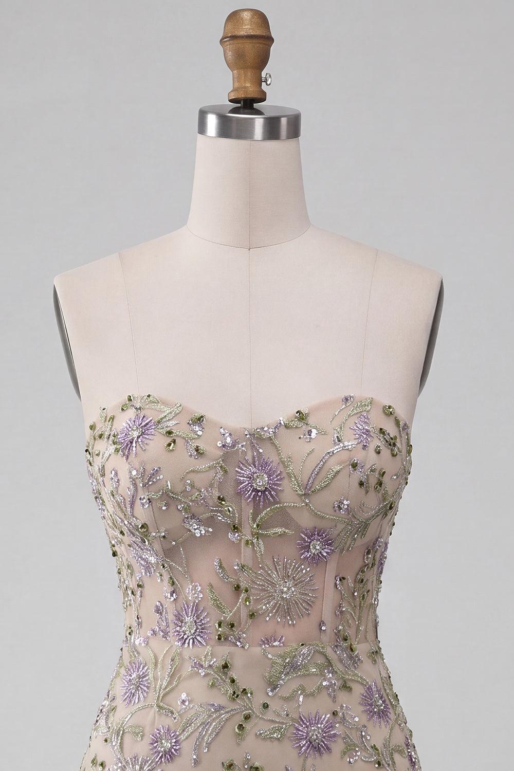Sparkly Floral Dusty Sage Beaded Tight Short Corset Homecoming Dress