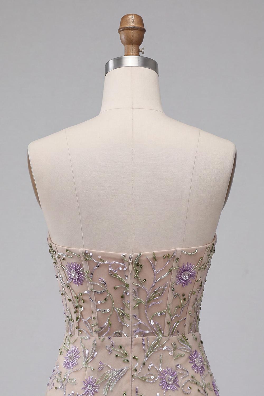 Sparkly Floral Dusty Sage Beaded Tight Short Corset Homecoming Dress