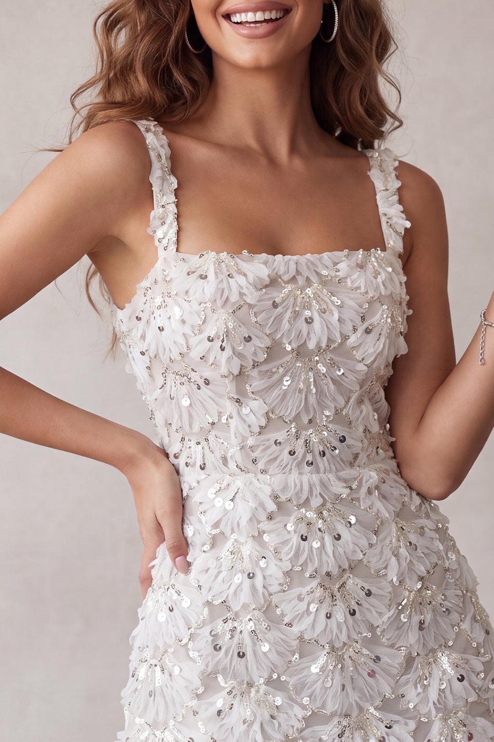 Sparkly Floral Ivory Sequin Tight Short A-Line Homecoming Dress