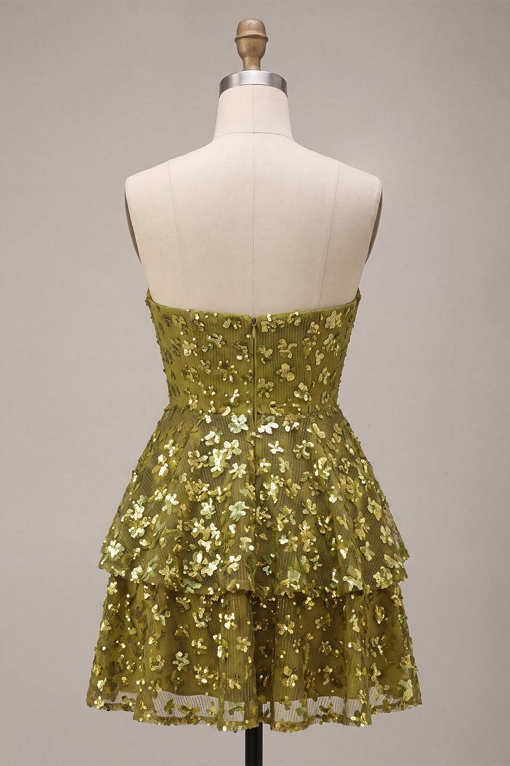Sparkly Floral Olive Sweetheart Sequin A Line Ruffled Short Homecoming Dress