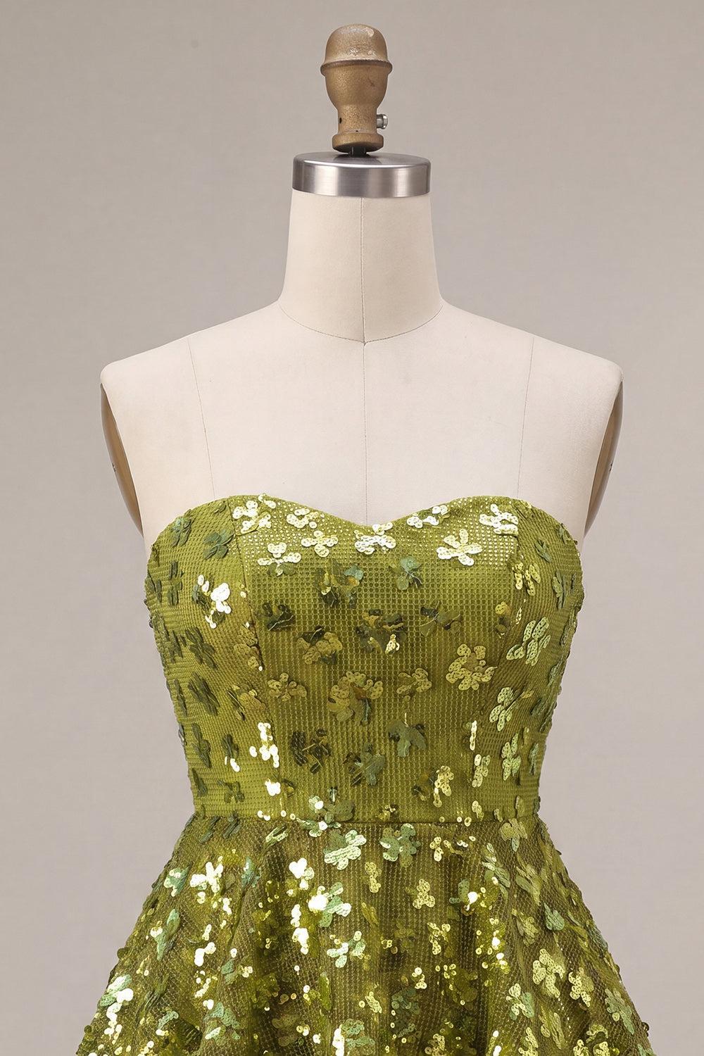 Sparkly Floral Olive Sweetheart Sequin A Line Ruffled Short Homecoming Dress