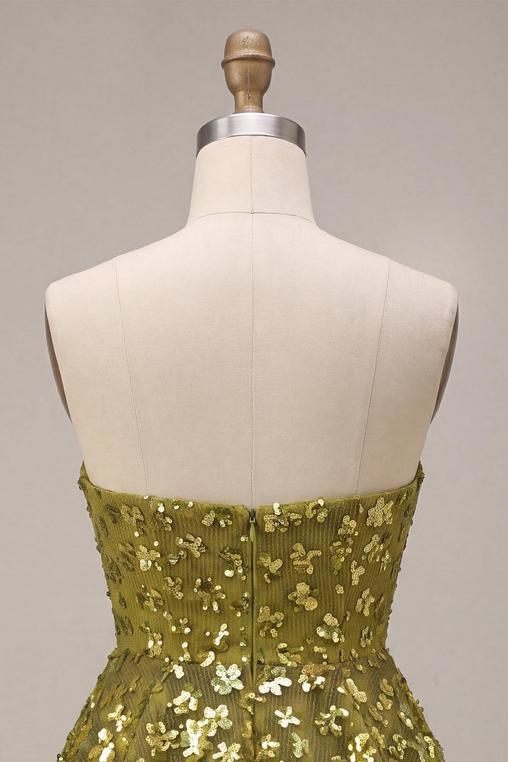 Sparkly Floral Olive Sweetheart Sequin A Line Ruffled Short Homecoming Dress