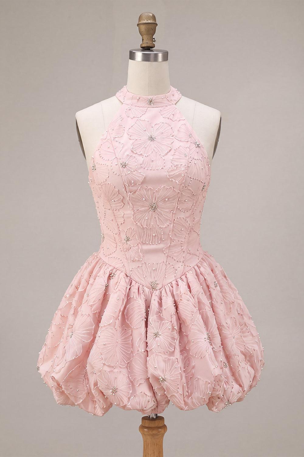 Sparkly Floral Pink A-Line Beaded Short Corset Homecoming Dress