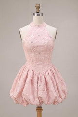 Sparkly Floral Pink A-Line Beaded Short Corset Homecoming Dress
