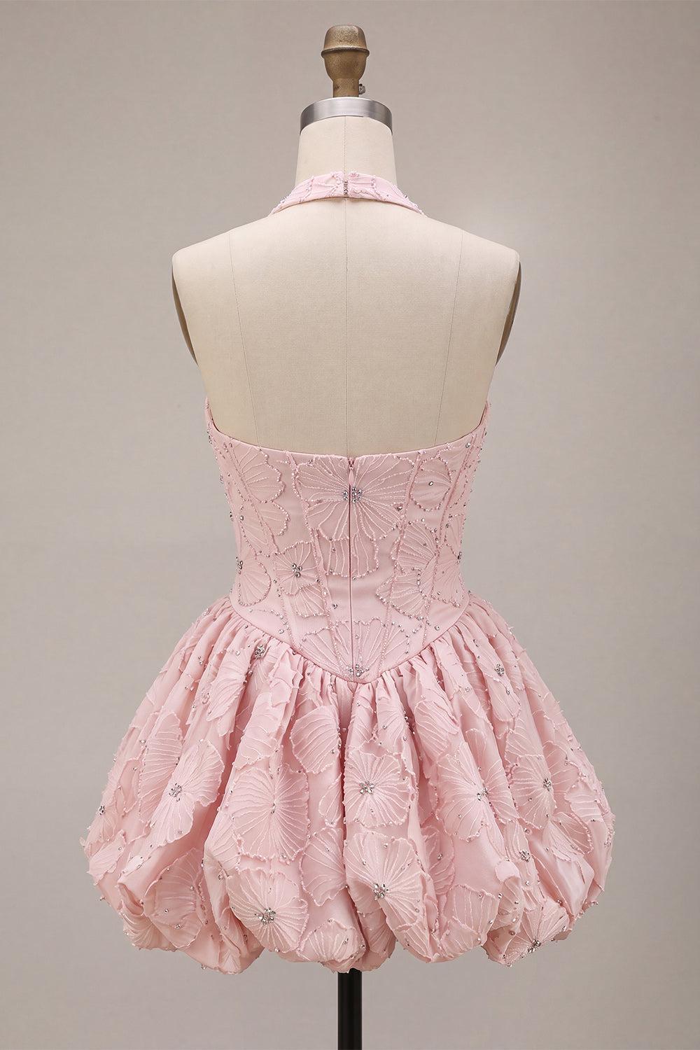 Sparkly Floral Pink A-Line Beaded Short Corset Homecoming Dress