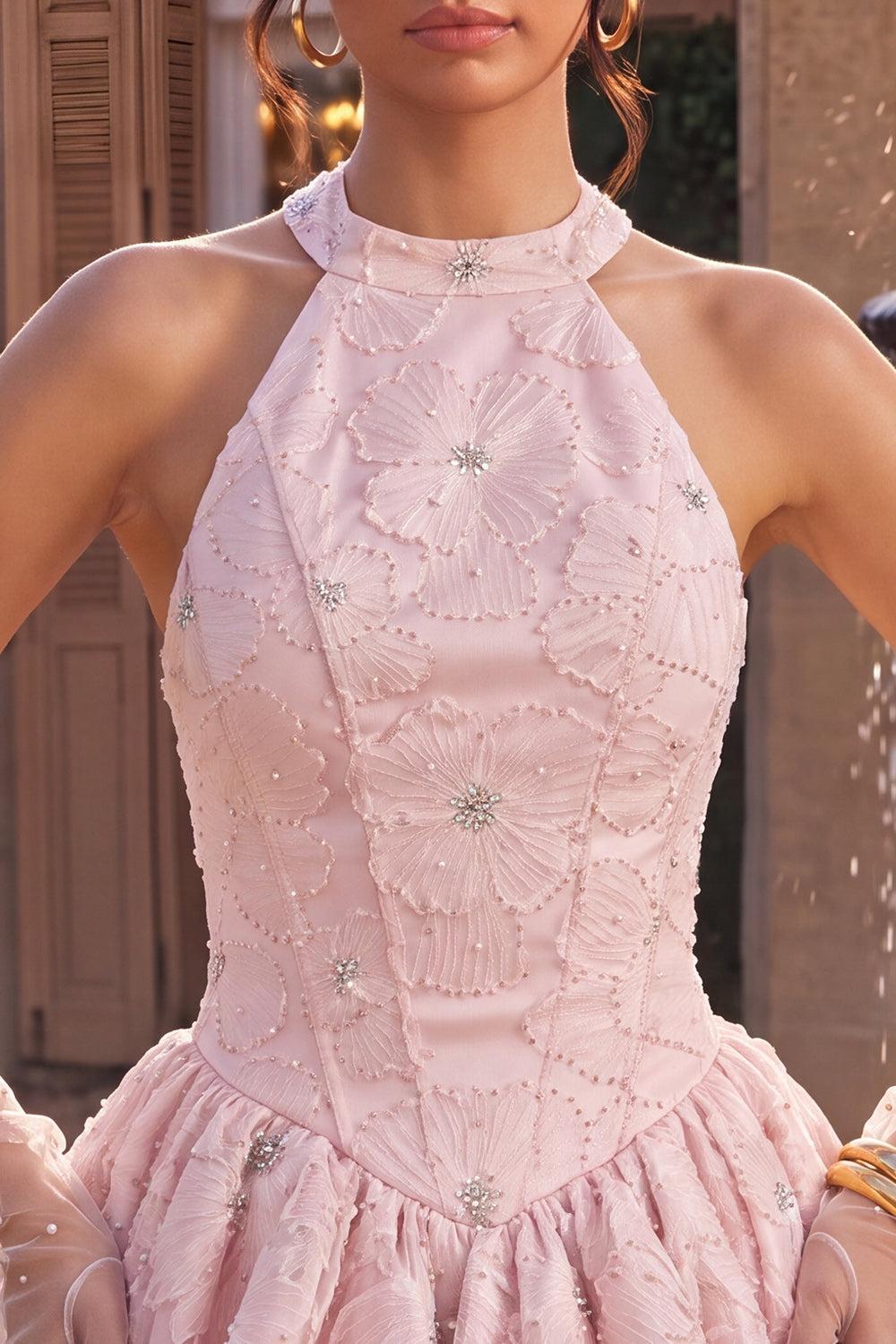 Sparkly Floral Pink A-Line Beaded Short Corset Homecoming Dress