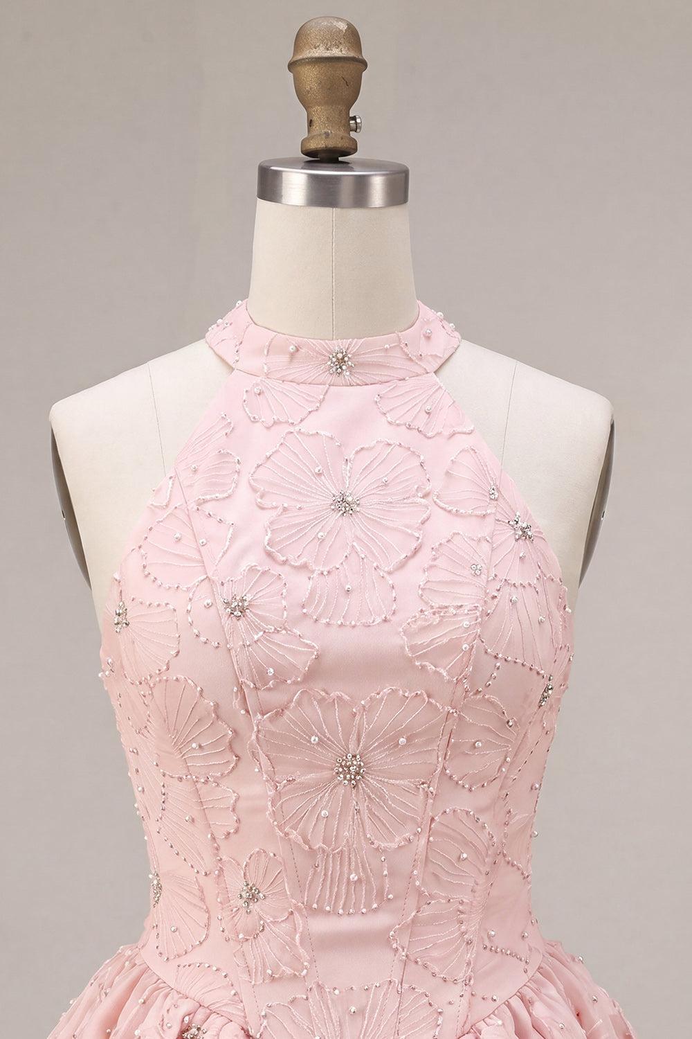 Sparkly Floral Pink A-Line Beaded Short Corset Homecoming Dress