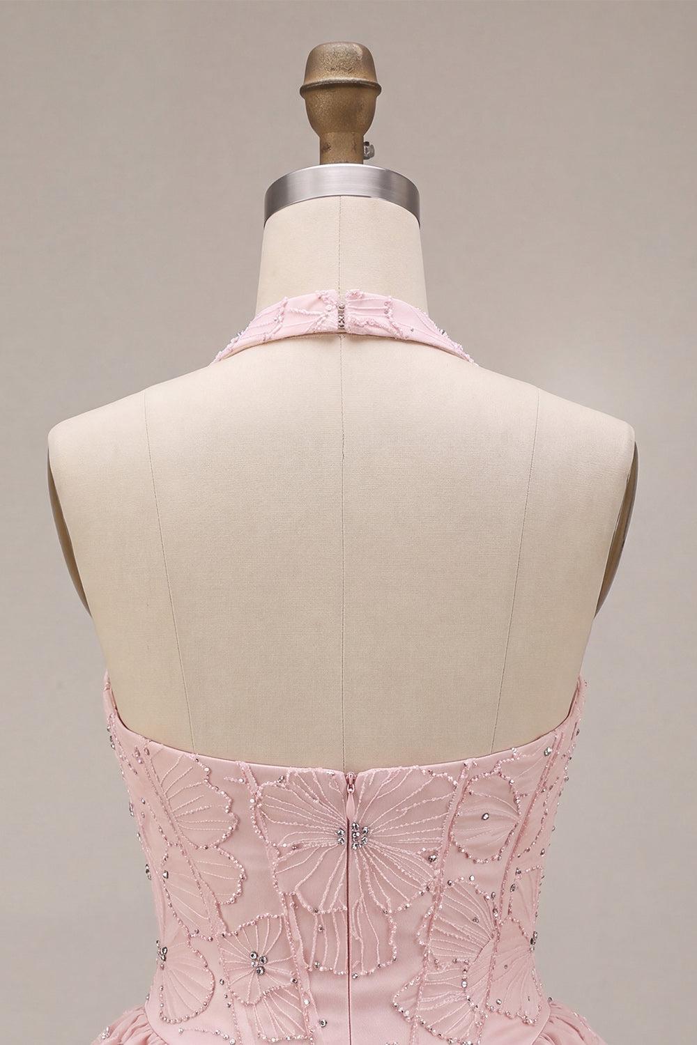 Sparkly Floral Pink A-Line Beaded Short Corset Homecoming Dress