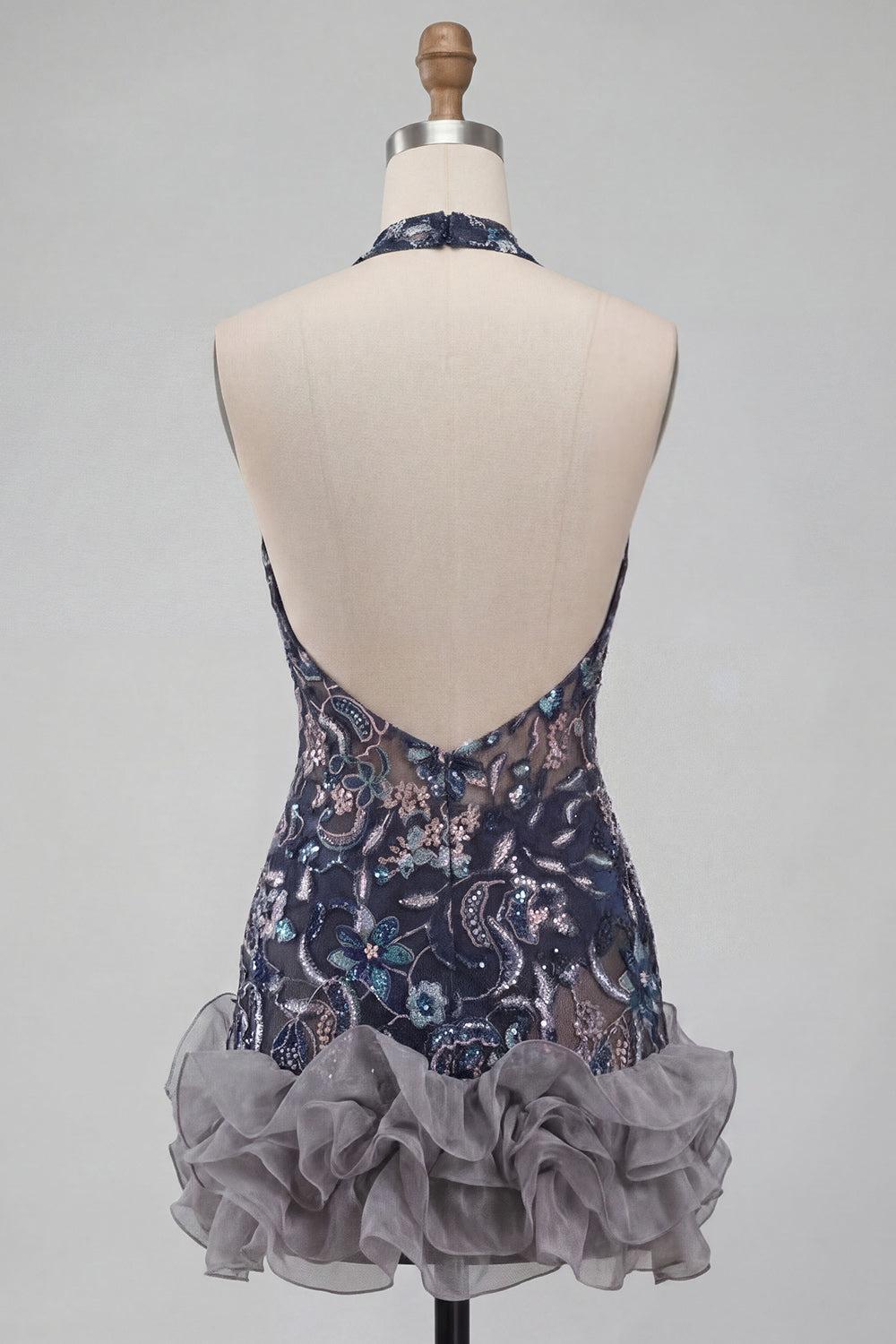 Sparkly Floral Ruffled Navy Tight Halter Beaded Short Homecoming Dress